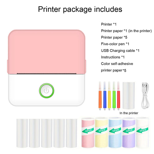 Roze printer met 5 rollen papier